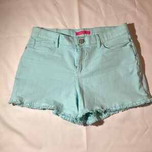 Lilly Pulitzer Women’s Light Blue 5Pocket Raw Hem Shorts W/Gold  Size 8-EUC